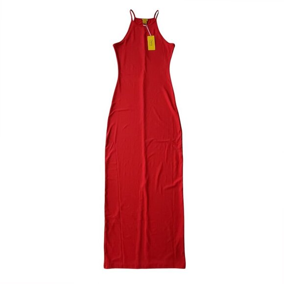 DAISY NWT Cherry Red High Neck Racerback Slit Sexy Maxi Dress BodyCon Size S - Picture 2 of 12
